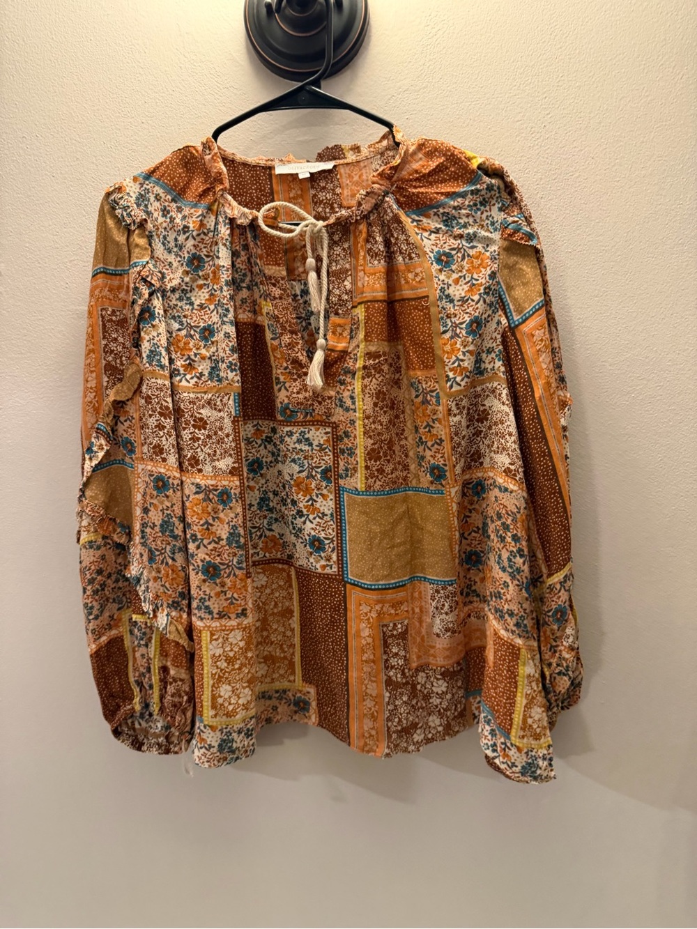Olivaceous Mustard Patchwork Floral Peasant‎ Blouse